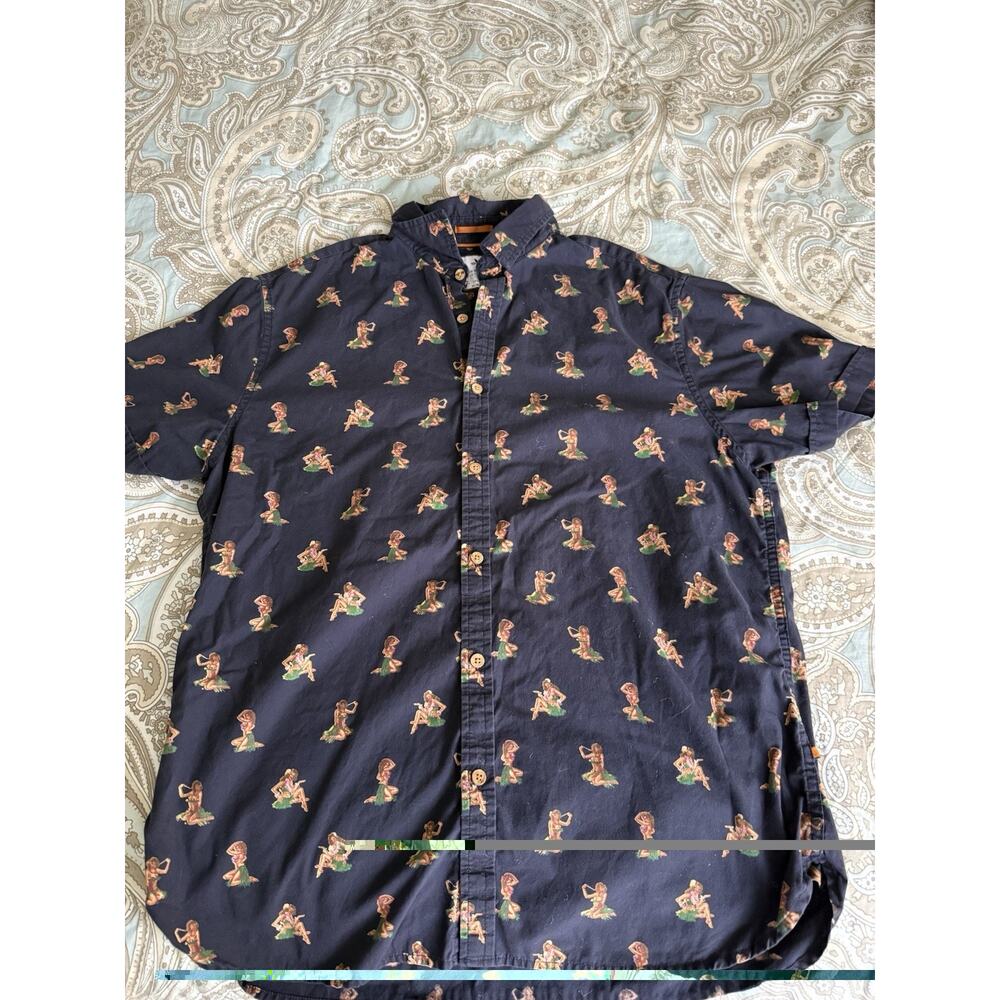 Denim & Flower Ricky Singh Hula Girl Button Down Shirt Slim Fit Mens Size Large